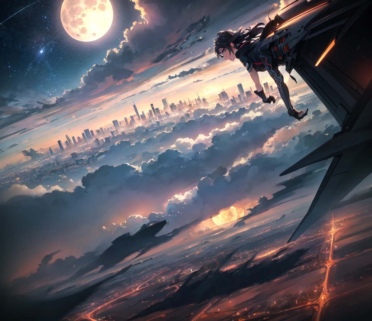 Expansive cityscape photography, (View from below with a sky and skyscraper view), (full moon: 1.2), (Shooting Star: 0.9), 2 distant volcanoes, (masterpiece:1.2), (Maximum quality), 4k.