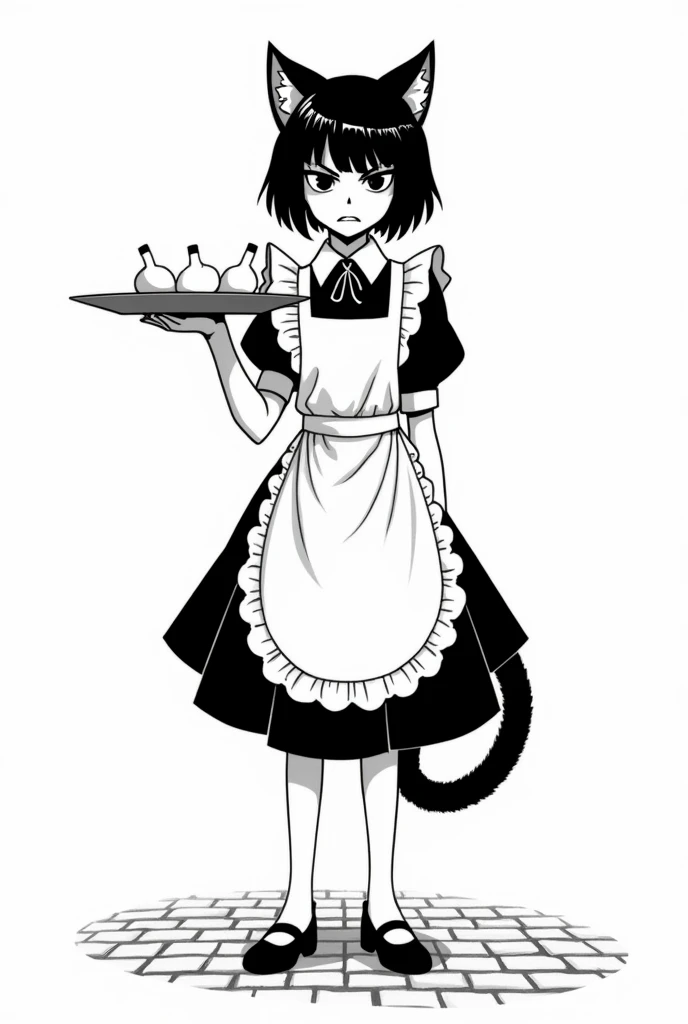 Jacques prevert black and white illustration art, illustration of a beautiful girl, angry face, cat ears, cat tail, tray in hand, maid suit, line draw, brick floor, white simple background, --ar 2:3 --stylize 50