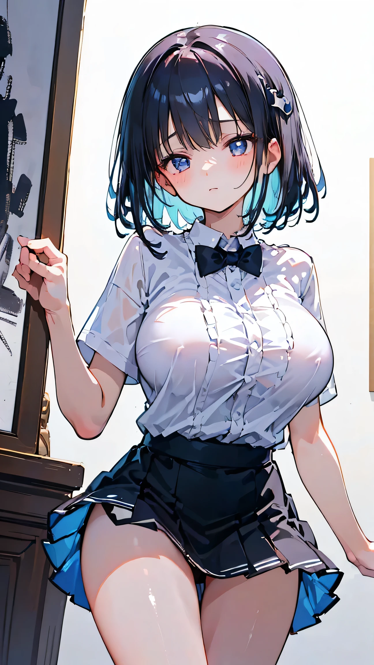 Ultra-high resolution, 8k,high quality,(((low length,、Young Girl、Butler、Ultra Mini Skirt,))),(Retrospective angle,Cunning Hand),(、glowing、iridescent light,soft shadow,Anime Painting,thin line drawing),One Little Woman,(((Big Tits、Beautiful breasts))),