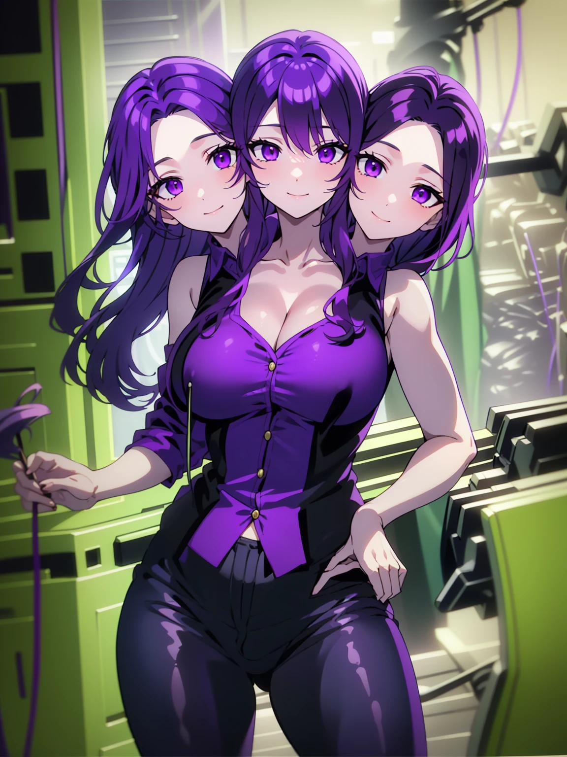 best quality, (masterpiece),(ultra-detailed), (high quality), (high resolution), ((3heads:1.5)), ((purple hair color:1.5)), (violet eyes), cleavage,best quality:1.5, highres, UHD, 4K), smiling, ((black sleeveless jacket over purple shirt:1.5)), ((wearing dark jeans)), (mature woman), casual dress, sexy proportions, thighs, Beautiful girl with accentuated slender abs, (factory background), ((identical hair color))