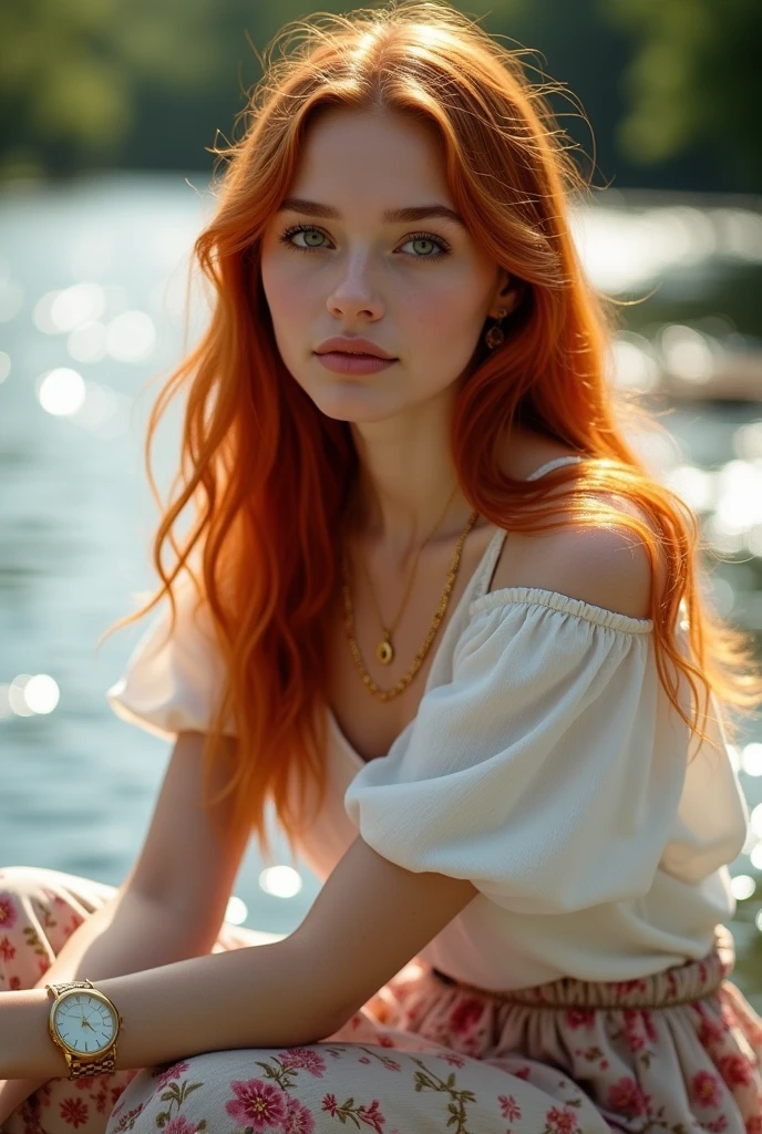 Portrait of a -yeld Ruan girl with long red hair sitting by a flowing river, wearing a white shirt ,and long floral skirt, wearing a gold pendant necklace and beautiful bracelet, wear a watch,gold color with sunlight shining on her hair,on a sunny morning,facing the camera 