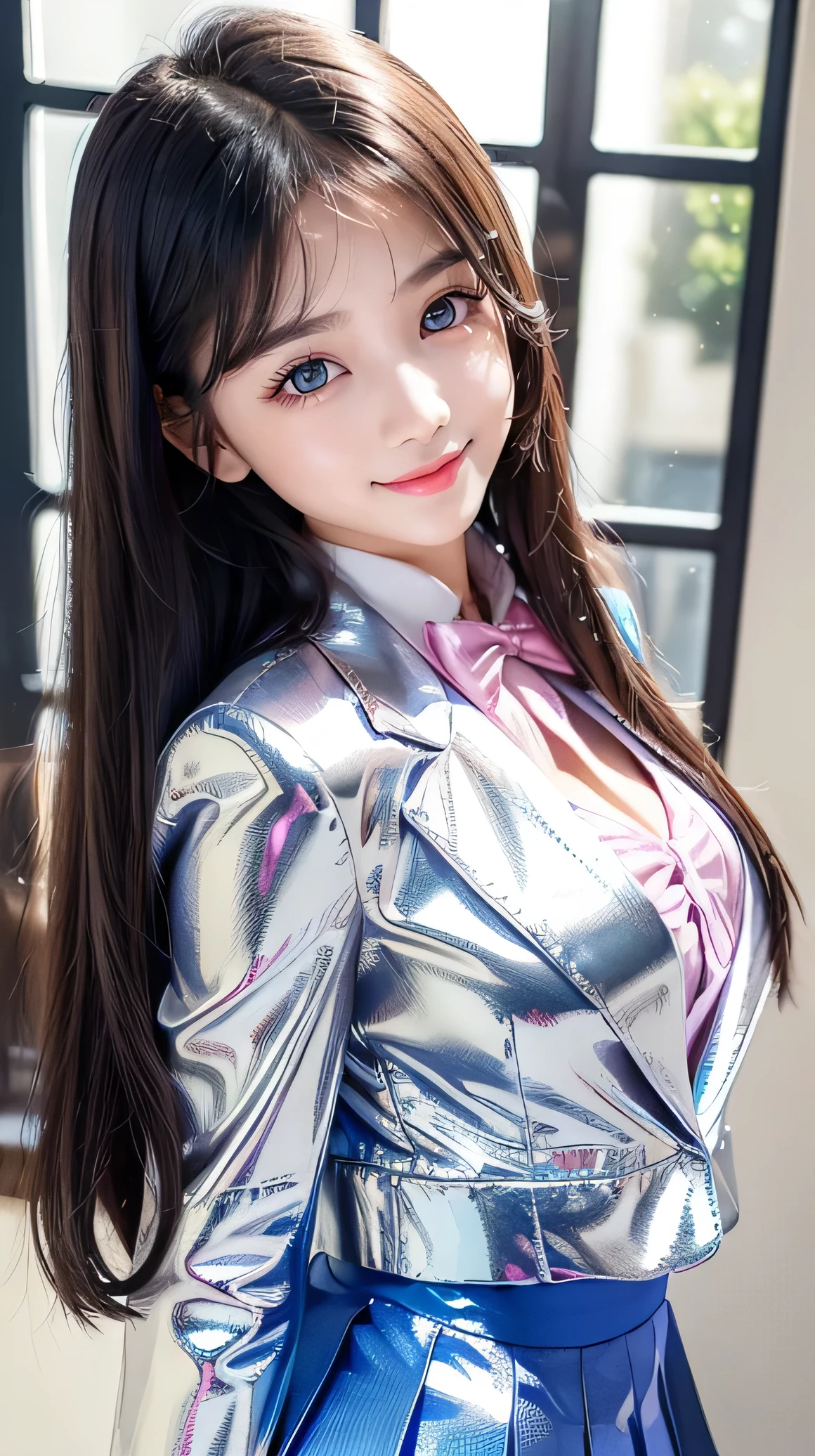 (Very beautiful cute girl), (very cute face:1.2),13 yo, (sparking crystal clear attractive large eyes), Beautiful eyes, Detailed double eyelids, (smiling), (realistic photograph:1.2), long straight hair,white blouse,
(Super Shiny Metallic Blue Blazer and Pleated Skirt :1.2),school uniform,
(super reflective surface uniform:1),pink ribbon bow Tie