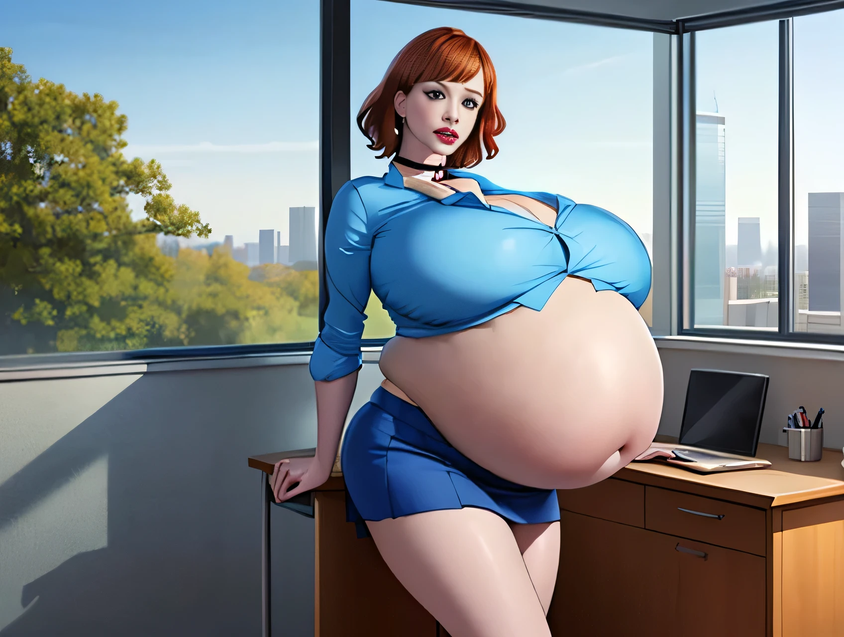 Christina Hendricks, (Christina Hendricks:1.5), masterpiece quality, (masterpiece quality:1.3), detailed, realistic, (realistic:1.3), 1girl, solo, (solo:1.9), alone, in a 1960s office, office desks in background, window of cityscape in background, short hair, wearing choker collar, secretary, wearing blue blouse, (blue blouse:1.9), wearing blue skirt, (blue skirt:1.5), chubby body, big belly, (big belly:1.5), huge breasts, (huge breasts:1.5), 