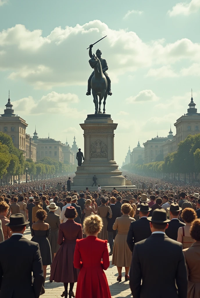 A photograph of a bustling park, with people dressed like it's the 1940s, in the center of the square a stone statue of a warrior raising a sword on top of a horse