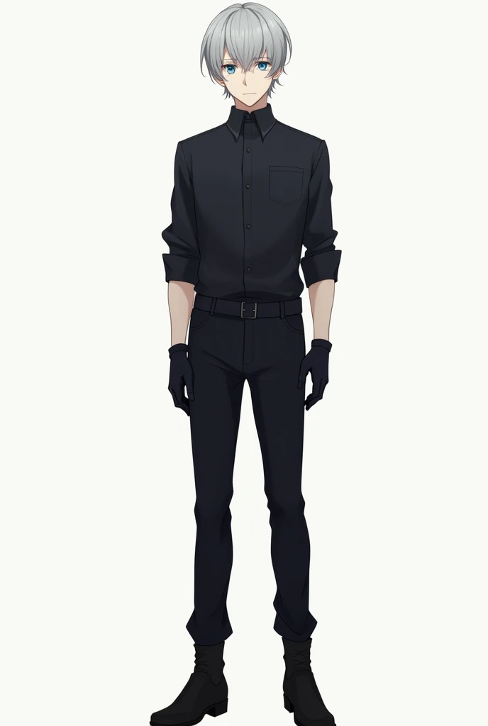 Anime styled, man, front full body, idle stance, gray haired, blue eyes, black shirt, black gloves, black boots, blank background
