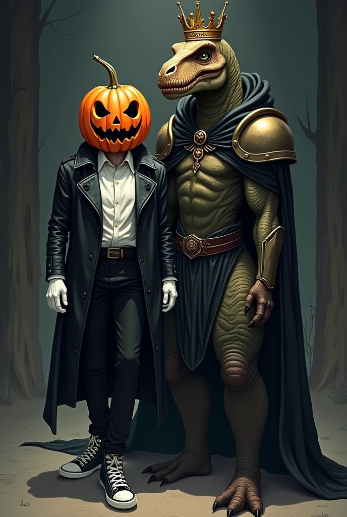 Make a humanoid black Halloween pumpkin using a black leather coat and a white blouse, with black pants and sneakers, and white gloves on its arm. (don't make it tall) with a dark anime art style, along with a spinosaurus with a king's cape, crown and armor