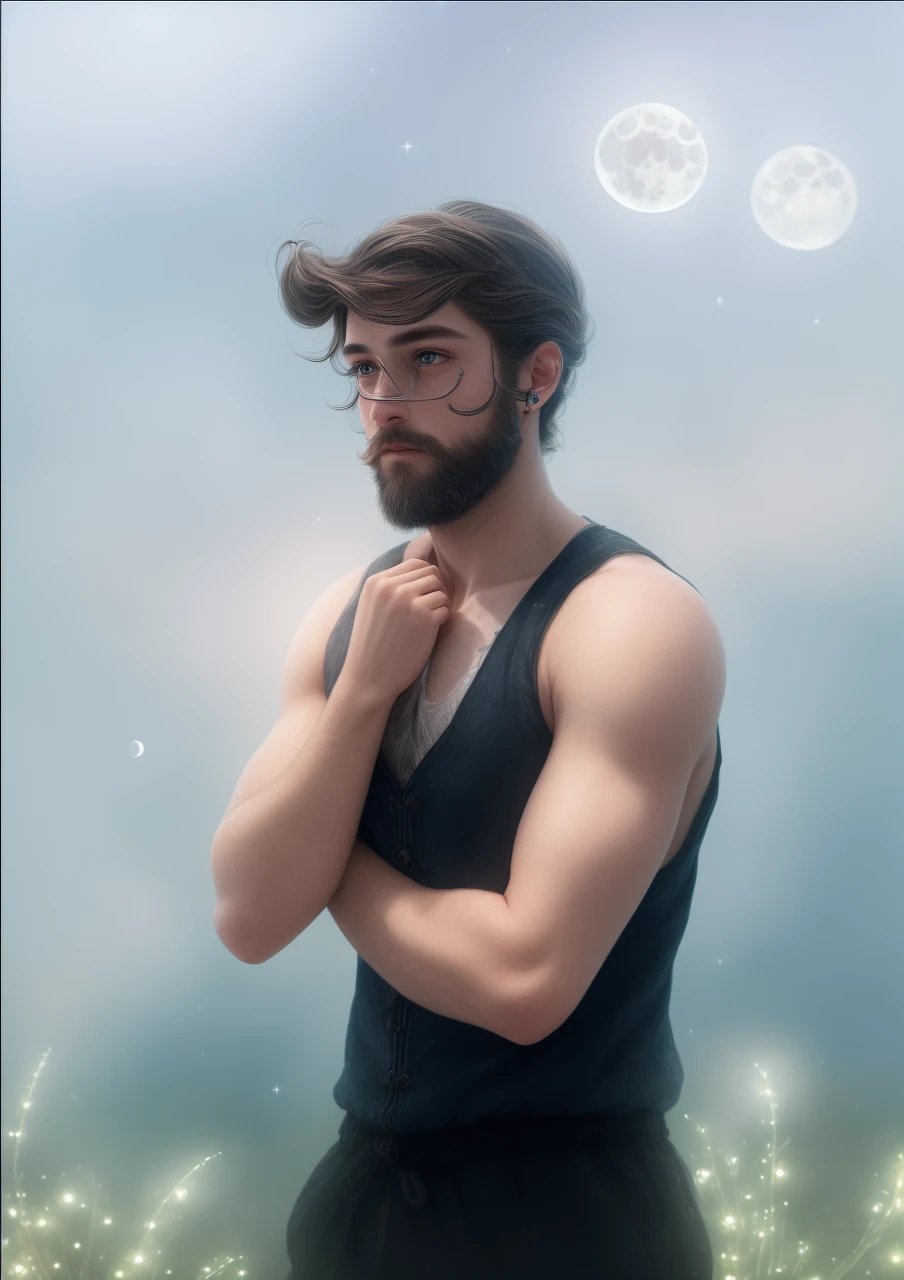 masterpiece, (best quality:1.2), (ultra-detailed:1.2), illustration, (an extremely delicate and beautiful:1.2),cinematic,floating, (beautiful detailed eyes:1.1), (detailed light:1.1),cinematic lighting, beautifully detailed sky, boy with beards,beautiful physic,(high ponytail:1.1), half vest, glowing eyes, (moon:1.2), (moonlight:1.1), starry sky, (lighting particle:1.1), fog, hot painting, sketch, bloom    