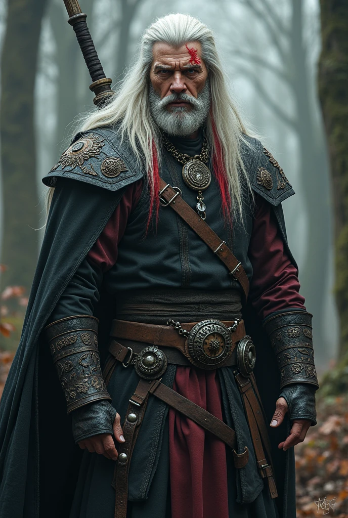 Create a strong name with long white hair with red streaks, with medieval style hunter clothing 