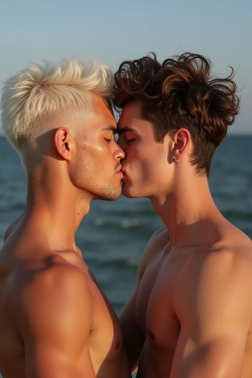 Young gay boyfriends celebrating two months of dating
Kissing and hugging
One is brown-skinned with white hair and tall
The other is white-skinned, Brown hair and short stature
Both have rings in their ears