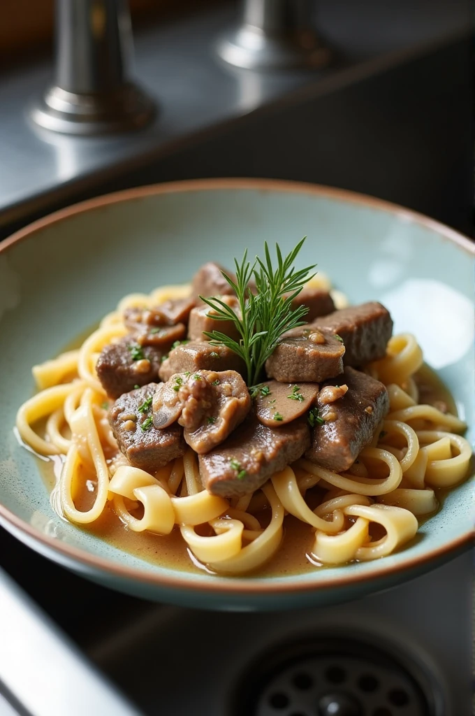 Generate a photo of a plate of beef stroganoff on the sink but make it look real aesthetic