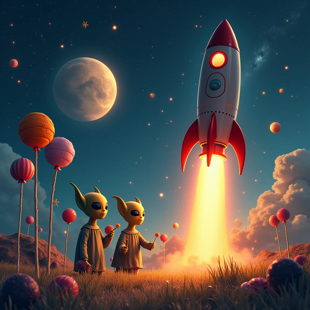 Create me a space rocket, where a crazy party is celebrated by aliens who fly over a planet with lollipop trees and a couple of beer bottles. It should look magical like in a movie.