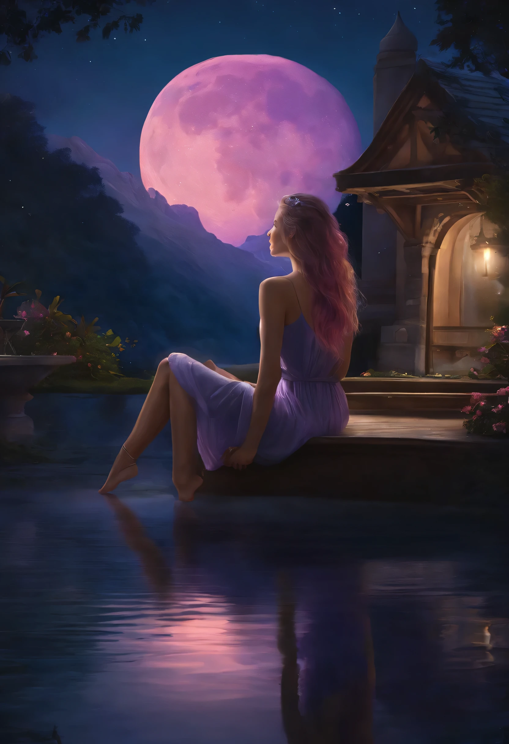 An artistic painting depicting a woman sitting on a chair in a beautiful and stunning place at night. Her hair is short and tends to be pinkish-purple, and her hair color is close to that. The moon appears in the sky. The woman has a beautiful tattoo on her back, which adds a unique touch to her personality and to the scene in general.”