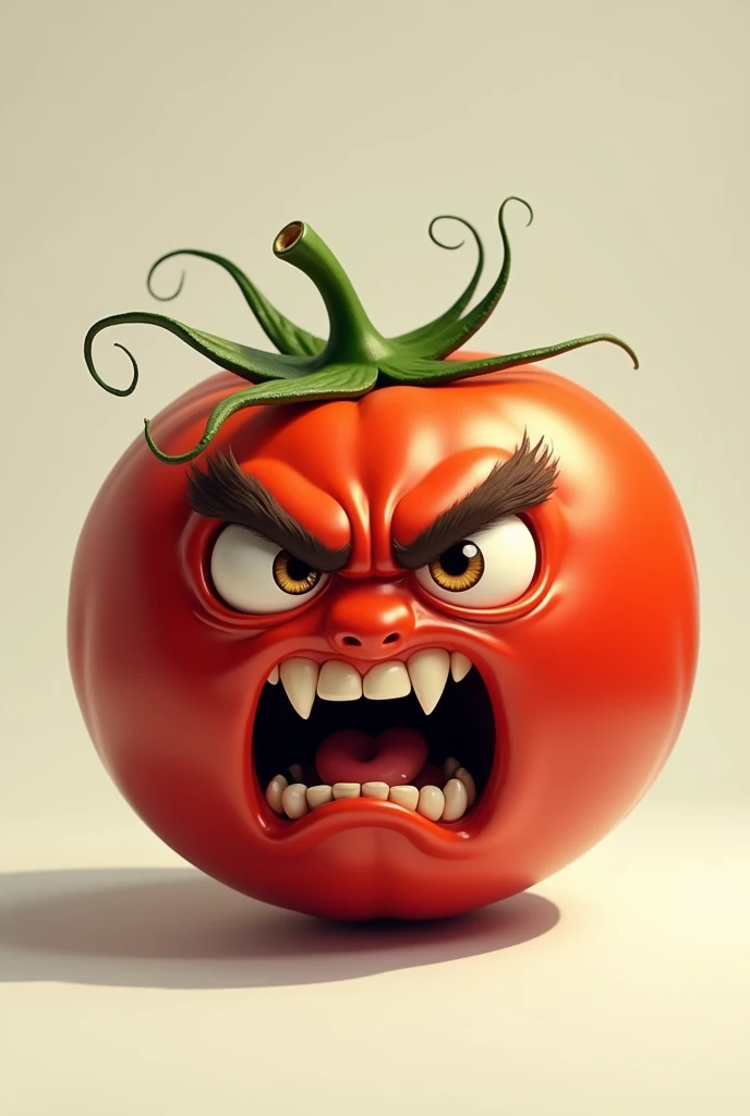 A tomato with a serious face and showing its teeth in a cartoon style without much detail.