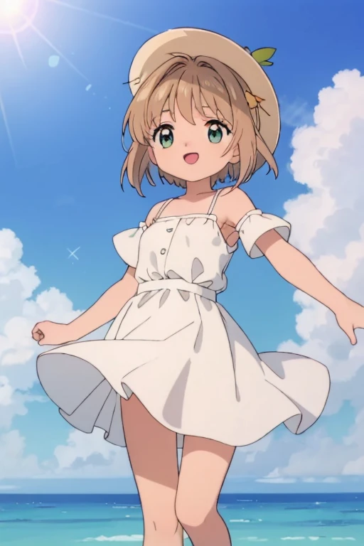 High resolution backgrounds,Beautiful background,anime, cute,Midsummer Beach,Cumulonimbus clouds floating on the horizon,Reflective and sparkling sea surface,9-year-old girl,A white summer dress with only straps on the shoulders,Chestnut Hair,Short Bob Hair,barefoot,Happy expression,White straw hat,Lens flare,The hem of a skirt fluttering in the wind,Cowboy Shot