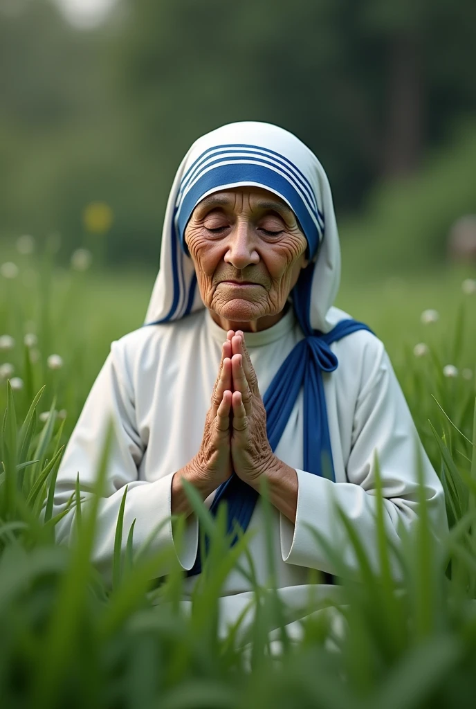 I want a realistic photo of Mother Teresa of the Sacred Heart praying in the grass but make it look as much like her as possible, Try to make it so the AI is not noticeable
