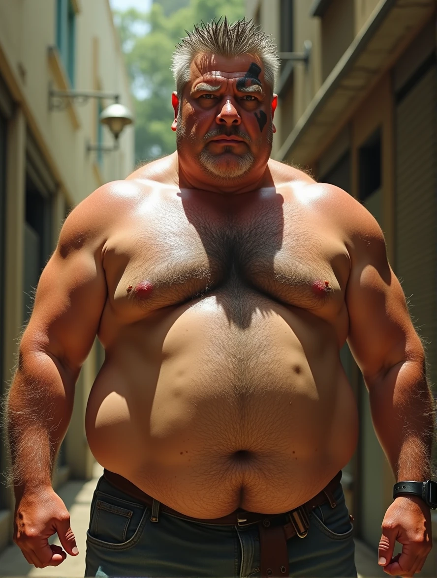 middle aged, spiky hair, male, eye scar, embarrassing, summer, show off muscles, body hair, Plump, show off muscles, chubby, pectoral muscle, hot temperature, naked, no real,