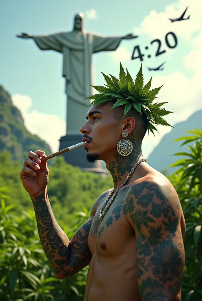 MAN WITH A HEAD AND EARRINGS IN HIS EARS TATTOOED ARMS SMOKING A CIGARETTE IN FRONT OF CHRIST THE REDEEMER SURROUNDED BY A CANNABISION, ON A SUNNY AFTERNOON WITH PLANES IN THE SKY FORMING THE MESSAGE 4:20