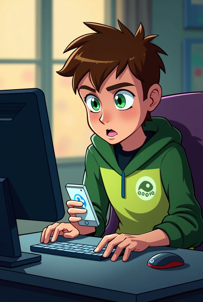 Ben 10 with a phone playing on the computer while looking back