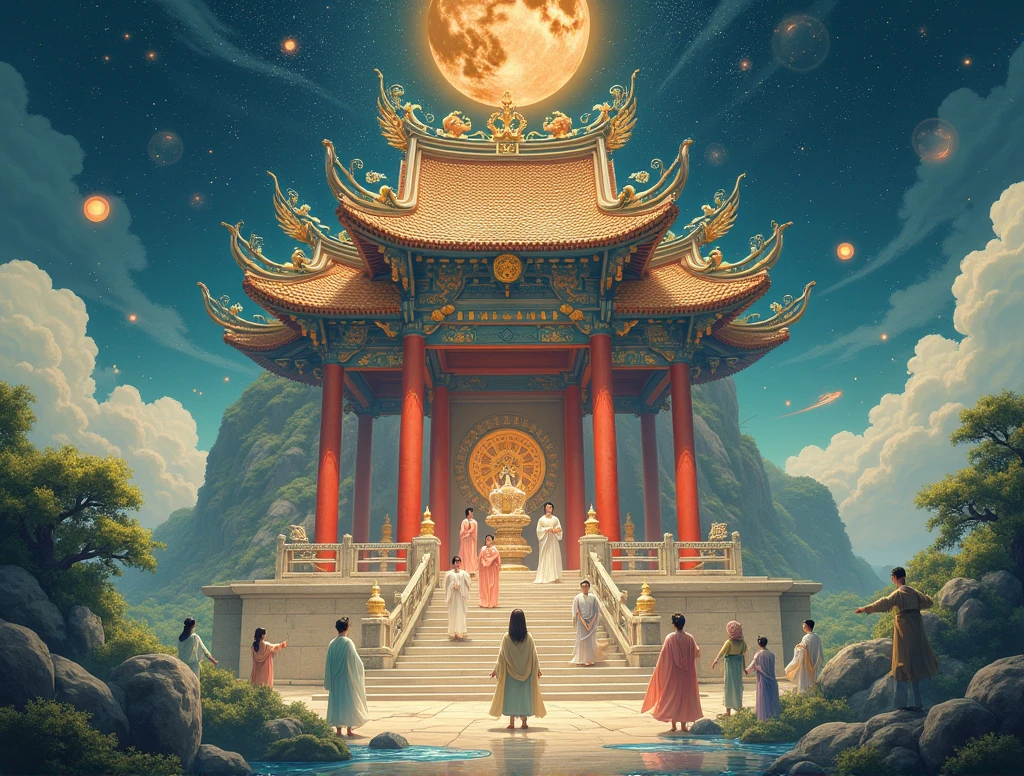 Asians in a large Asian astral temple and have nature