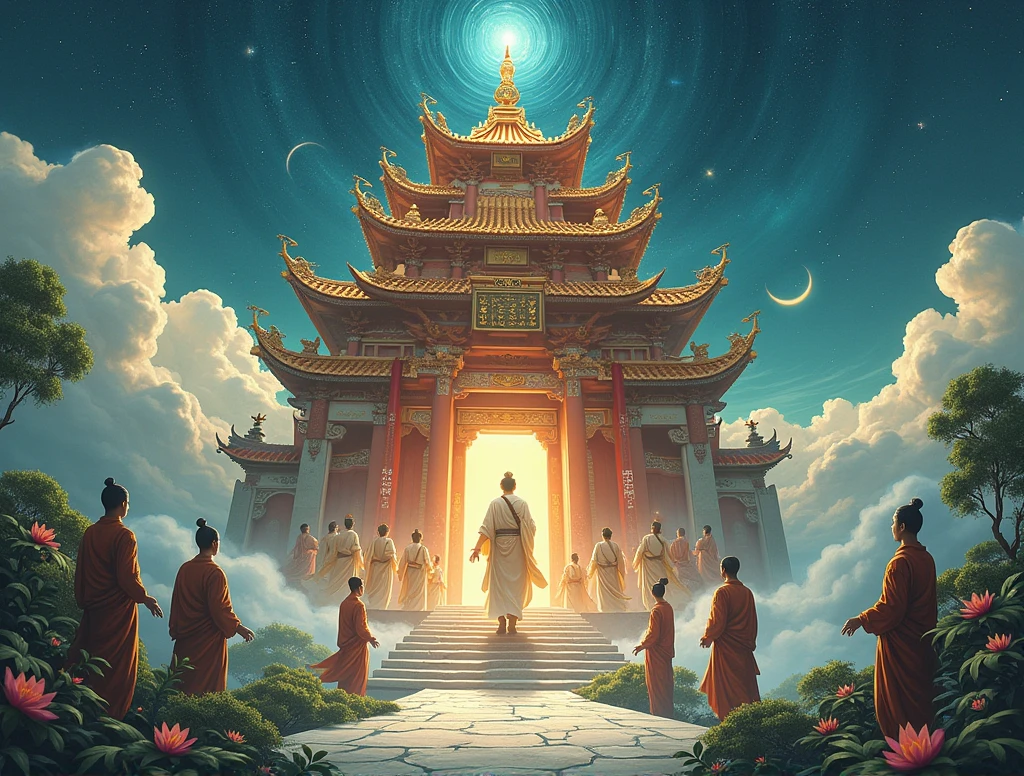 Asians in a large Asian astral temple and have nature