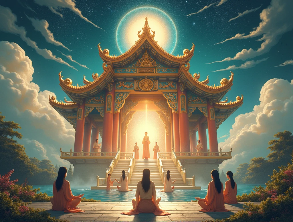 Asians in a large Asian astral temple and have nature