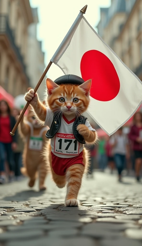 wonderful, wonderful, Olympic, Meme-like, A kitten wearing a beret and running uniform won the Paris Marathon., Holding a large Japanese flag, (Escorted by a cat wearing traditional Irish clothing Lv9), (Overflowing with Happiness Celebration Lv10) (Cute Fur Lv9) (Dramatic Scene Lv9) (RAW Quality Lv9) (Meme Lv10)