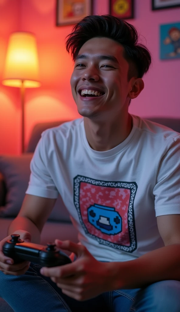 photorealistic, best quality, masterpiece, extremely detailed, (side view), extremely handsome, 20 year old bruneian man, no facial hair, muscular build, wearing 8bit graphic tshirt, laughing, looking directly at camera, holding a video game console controller, playing video games, sitting on couch, in fun bedroom, extremely romantic atmosphere, perfect face, perfect fingers, perfect hands, perfection