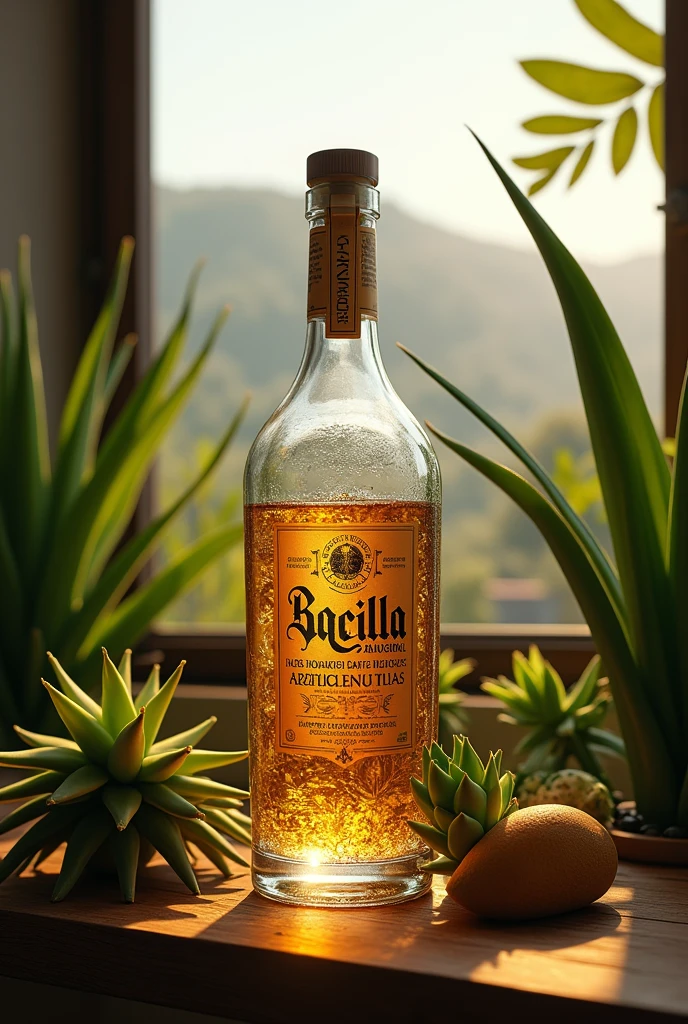 (photorealism:1.2), Una botella de Raicilla rodeada de agaves, tThe liquid inside the bottle has to be transparent con un fondo que represente las montañas de Jalisco. soft lighting, plants in background, window with sunlight, cozy room, relaxed pose, realistic, intricate details, warm colors, by Greg Rutkowski, by Alphonse Mucha
