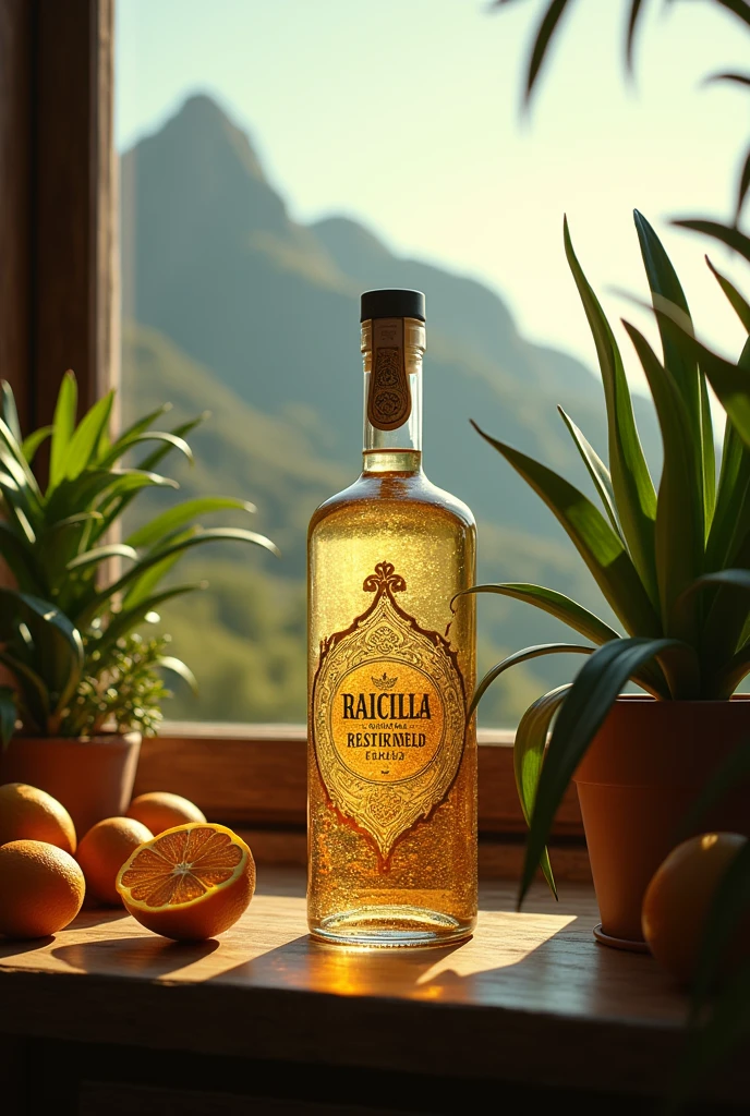 (photorealism:1.2), Una botella de Raicilla rodeada de agaves, tThe liquid inside the bottle has to be transparent con un fondo que represente las montañas de Jalisco. soft lighting, plants in background, window with sunlight, cozy room, relaxed pose, realistic, intricate details, warm colors, by Greg Rutkowski, by Alphonse Mucha
