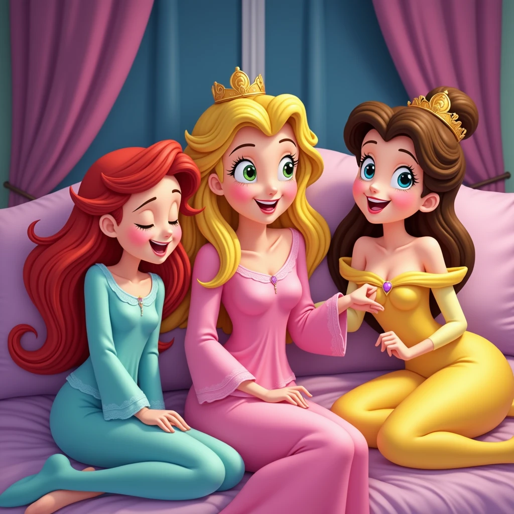 blond sleeping Beauty in a pink pijama, Ariel in turquoise pijama and Belle in a yellow pijama. the 3 friends in a slumber party laughing. sleeping beauty are sleeping, ariel are laughing so much e belle telling a story.