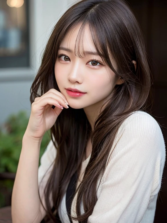 (masterpiece:1.3), (8k, Realistic, RAW Photos, Best image quality: 1.4), 、(Random Hairstyles:1.2)、Highly detailed face、Attention to detail、double eyelid、Sharp focus:1.2、Beautiful woman:1.4、Light brown hair、Highest quality、masterpiece、Ultra-high resolution、(Realistic:1.4)、Highly detailed and professional lighting、Brown Knight、thin、A sparkling smile、Long black hair、Deadly position、Beautiful Skin、Shiny Hair、Childish expression、Upper Body、Touching your face with your hands