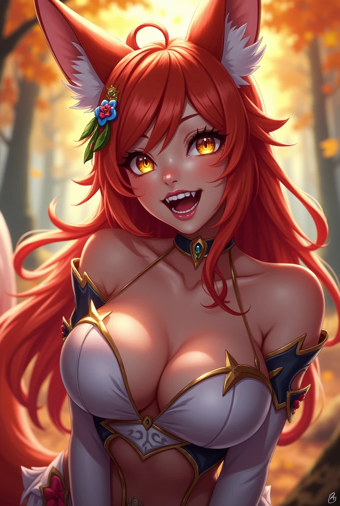 work of art, best qualityer, ultra detali, illustration, colorfully, Fall Color, Depth of field, Lens flare, 1 girl, ahri \(League of Legendsem cabelo, yellow eyes, hair ornament, fox ears, fox tails, アニメ, (shortstack), (shortstackBT), (close up), (trunk), (bare shirt, fangs, narrow), cowboy shot, looking ahead at viewer, at the forest, Detailed texture skin, beautifull detailed face, gaping mouth, fangs, excitado, seducer, attractive costume, clavicle, (Breasts huge, curved, voluptuous, curved)