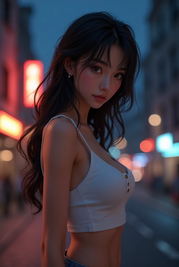 ((Realistic lighting, Best quality, 8K, Masterpiece: 1.3)), Clear focus: 1.2, 1girl, Perfect Figure: 1.4, Slim Abs: 1.1, ((Dark brown hair)), (White crop top: 1.4), (Outdoor, Night: 1.1), City streets, Super fine face, Fine eyes, Double eyelids,