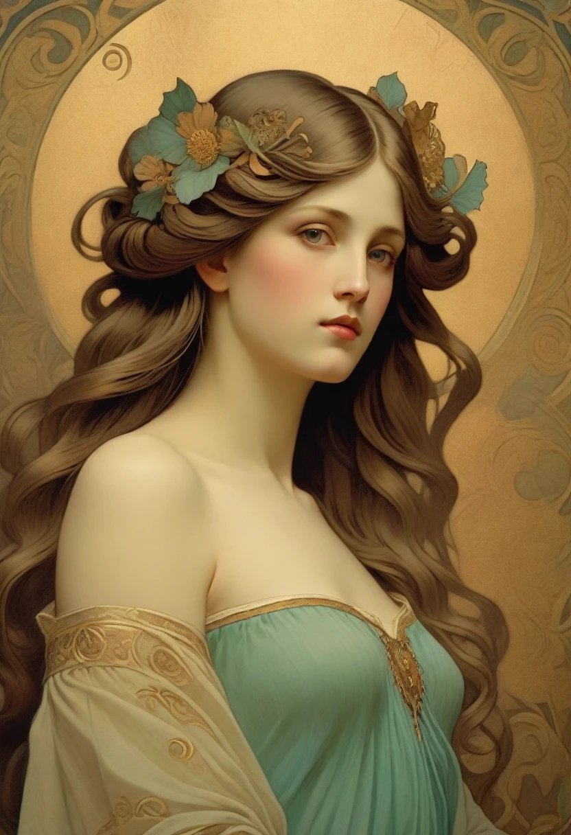 old (Masterpiece, Best Quality, Highres:1.2) Art Nouveau Style Beautiful Woman with Long Hair Shaped as Flowers in the Style of Alphonse Mucha, portrait of a beautiful cute, very beautiful, standing artistically, realistic natural, professional light distribution, very artistic lighting gradation, artistic detail, highly detailed, centered, Nymph-pattern vintage wallpaper with dramatic backlighting casting deep shadows, featuring a meticulously crafted illustration inspired by Dan Mumford and Alphonse Mucha, hyper-realistic and photorealistic textures, extremely detailed with intricate floral and foliage elements, octane rendered in 8K (extremely detailed 8k wallpaper), Golden ratio, hidden ancient Greek symbols (, Spiral), balanced design, color harmony, Vernis Martin, golden, ancient mythology, artistically twisted edges, reminiscent of old-world craftsmanship with a contemporary edge, volumetric lighting, ultra fine details