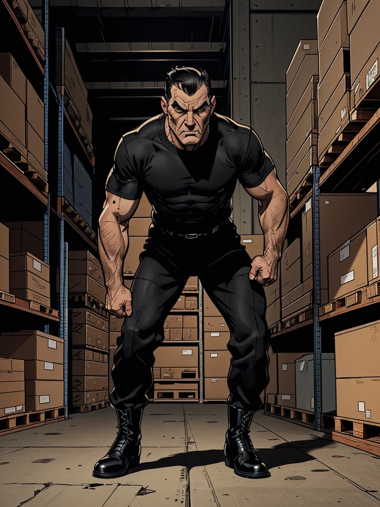 (((old caucasian man, 50 years old, short black slick back hair, triangular face, mean face, black eyes, piercing gaze, long nose, small mouth thin lips, sideburns, endomorphic body type in shape, tall))), ((wearing thick black long-sleeved long-neck t-shirt, black camouflage pants, black boots)), (assault rifle), (draw entire body down to feet), (in a warehouse), chiaroscuro, UHD, masterpiece, accurate, anatomically correct, textured skin, super detail, high details, high quality, award winning, best quality, highres