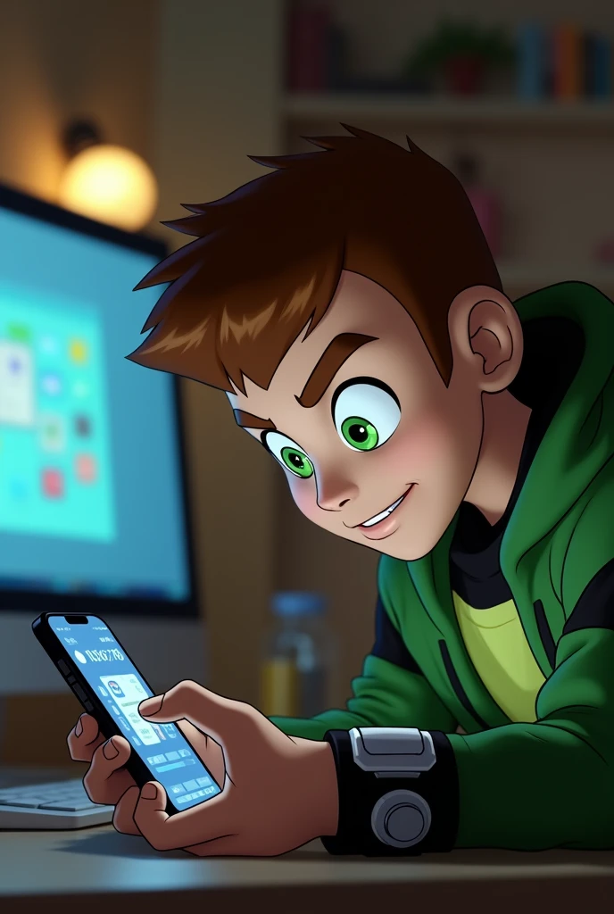 Ben 10 with a phone playing on the computer while looking back 