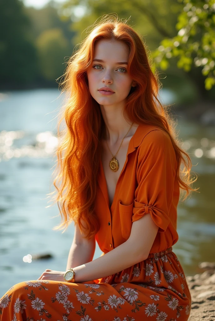 Portrait of a 17-year-old Russian girl with long red hair sitting by a flowing river, wearing an orange shirt ,and long floral skirt, wearing a gold pendant necklace and beautiful bracelet, wear a watch,gold color with sunlight shining on her hair,on a sunny morning,facing the camera