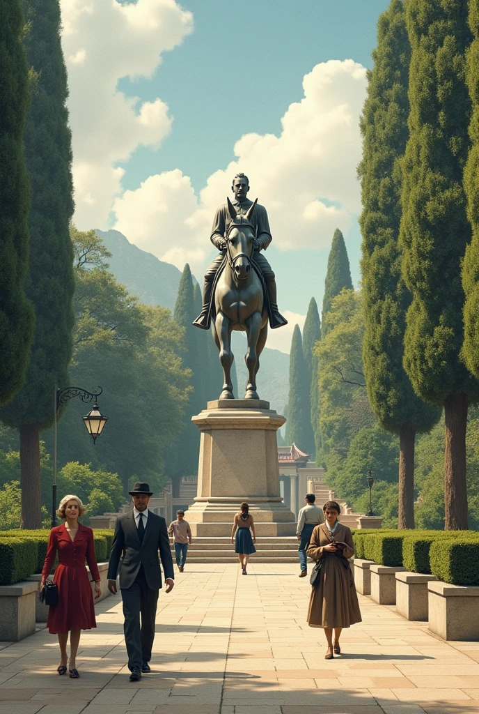 A photograph of an ecological park with some people walking around, These people dressed like it's the 1940s, in the center of the square a stone statue of a warrior raising a sword on top of a horse
