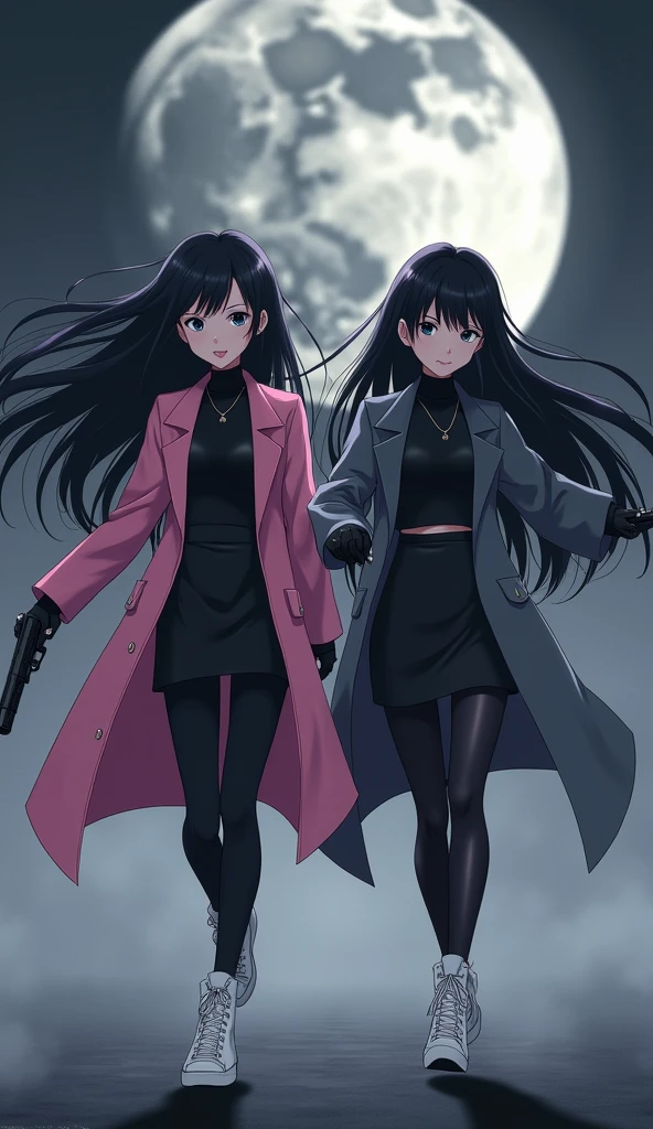 Two young womens long black hairs, yuri.
The first young women black eyes wear a pink long coat, black shirt, black pencil skirt, black underpants, black tights, black gloves, white sneakers high top.
The second young women black eyes wore a grey long coat, black shirt, black pencil skirt, black underpants, black tights, black gloves, white sneakers high top.
holding a one pistol handguns, running, black grey sky, fantastic night sky, moon, foggy, cartoon anime, 4K, HD