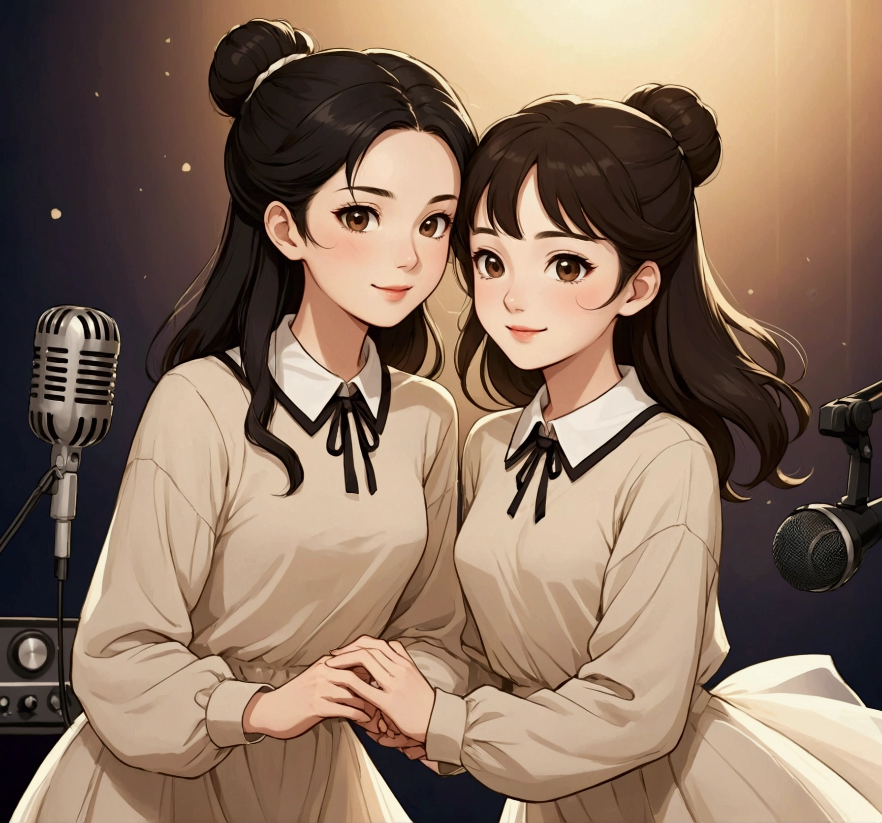 create an image in anime Illustration style of two women in love. One is a beautiful young woman with delicate Asian features and long, loose black hair, dressed in a simple light beige tulle dress with long sleeves and next to her is a beautiful young British woman with brown hair gathered in a bun, wearing a black t-shirt with a white collar trim and white wide leg jeans. They are both in a radio studio with their microphones in their hands, laughing and having fun with the audience.