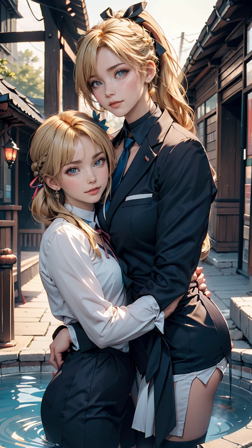 1 Girl, (alone:1.3), ditch, hot spring, Outdoor, Suit jacket, Hug your feet, of course(Blue Archive), Medium chest, Blonde, Braid(Tie with ribbon), Folded ponytail, Hair Ribbon, choker