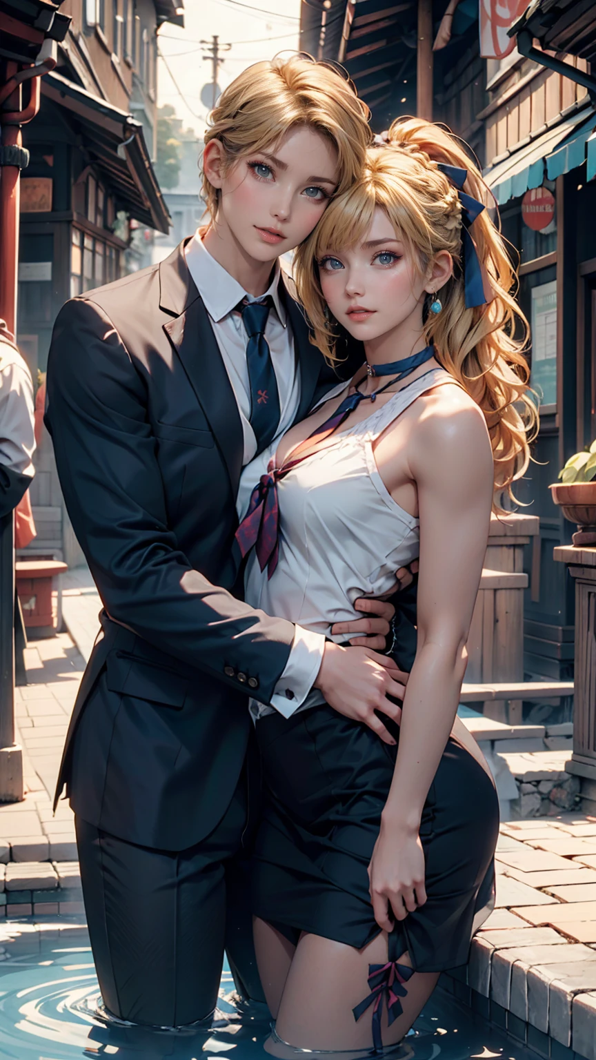 1 Girl, (alone:1.3), ditch, hot spring, Outdoor, Suit jacket, Hug your feet, of course(Blue Archive), Medium chest, Blonde, Braid(Tie with ribbon), Folded ponytail, Hair Ribbon, choker