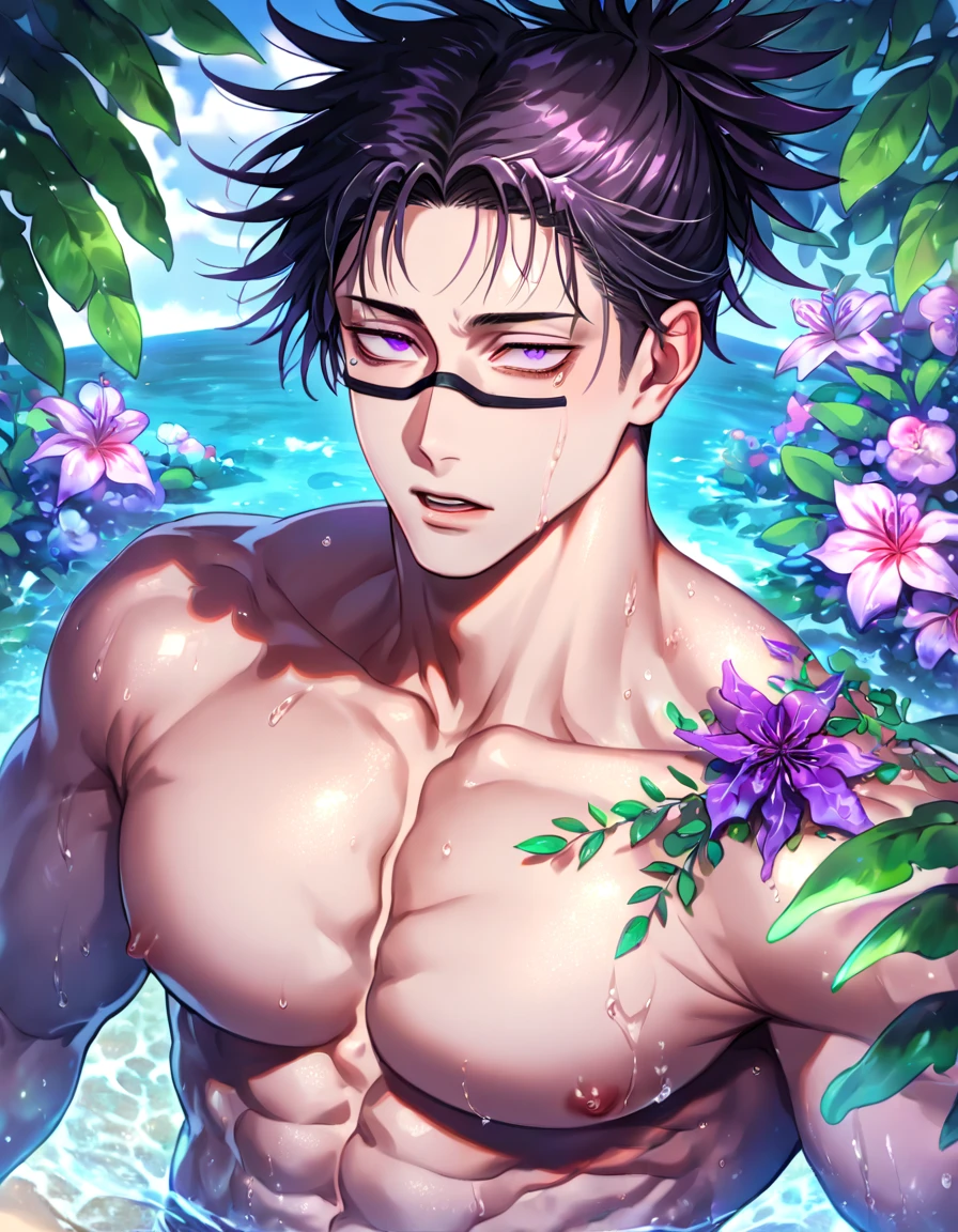 absurdres, highres, ultra detailed, HDR, master piece, Choso, black hair, expressive purple eyes, without shirt, Jujutsu Kaisen, toned chest, bare chest, sexy man, handsome, best quality, beach, fantasy, magical, solo, water, sensual, horny, green leaves, flowers, manly man, close up