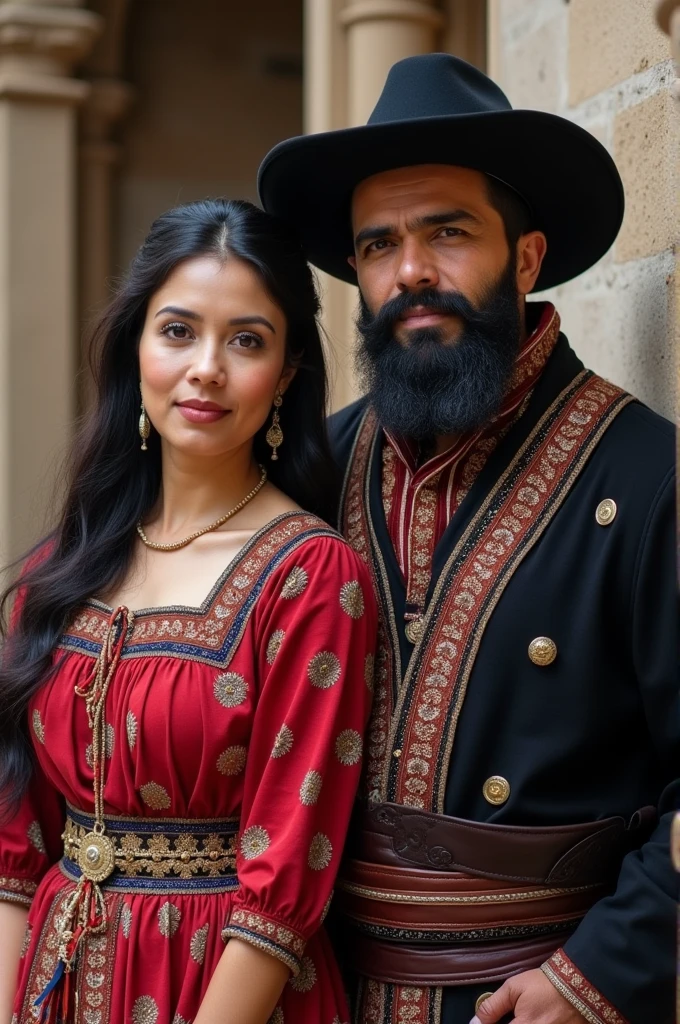 Peruvian couple from Lima who live in an Andean village, black haired wife, white skin and elegant provincial dress, black haired husband, black beard and clothing of old authority figures from provincial Peru