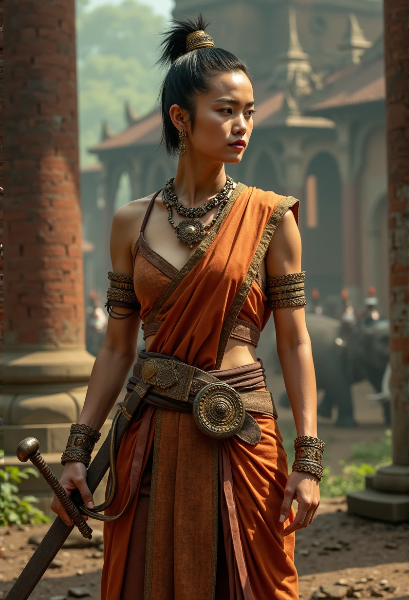 Ancient Siamese female warrior. She has a very short ancient Thai hairstyle. She is full of strength, wearing a chest cloth, loose trousers and carrying a large Thai sword. Riding a horse on an Ayutthaya battlefield nearby, with ruins of an ancient temple and an ancient Siamese village visible in the distance. An image of a royal elephant fighting in the background. Realistic photo. Still from a movie. Movie. Movie.