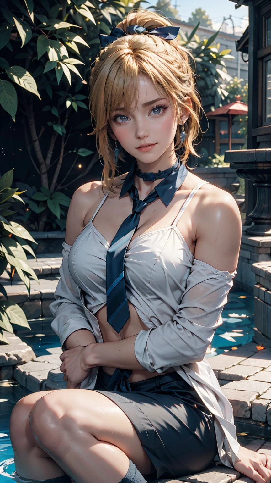 1 Girl, (alone:1.3), ditch, hot spring, Outdoor, Suit jacket, Hug your feet, of course(Blue Archive), Medium chest, Blonde, Braid(Tie with ribbon), Folded ponytail, Hair Ribbon, choker