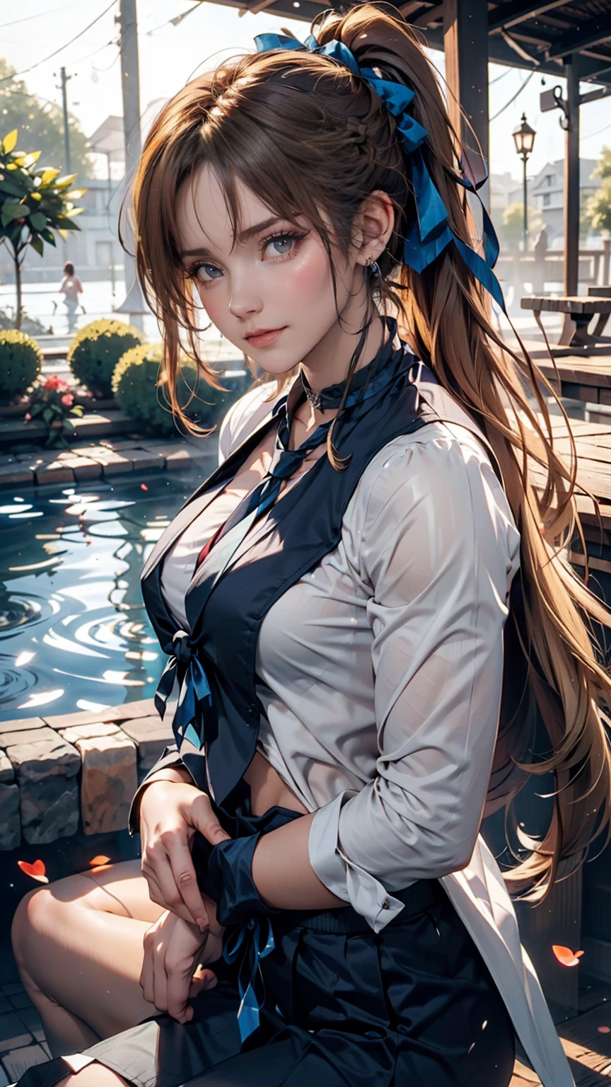 1 Girl, (alone:1.3), ditch, hot spring, Outdoor, Suit jacket, Hug your feet, of course(Blue Archive), Medium chest, Blonde, Braid(Tie with ribbon), Folded ponytail, Hair Ribbon, choker