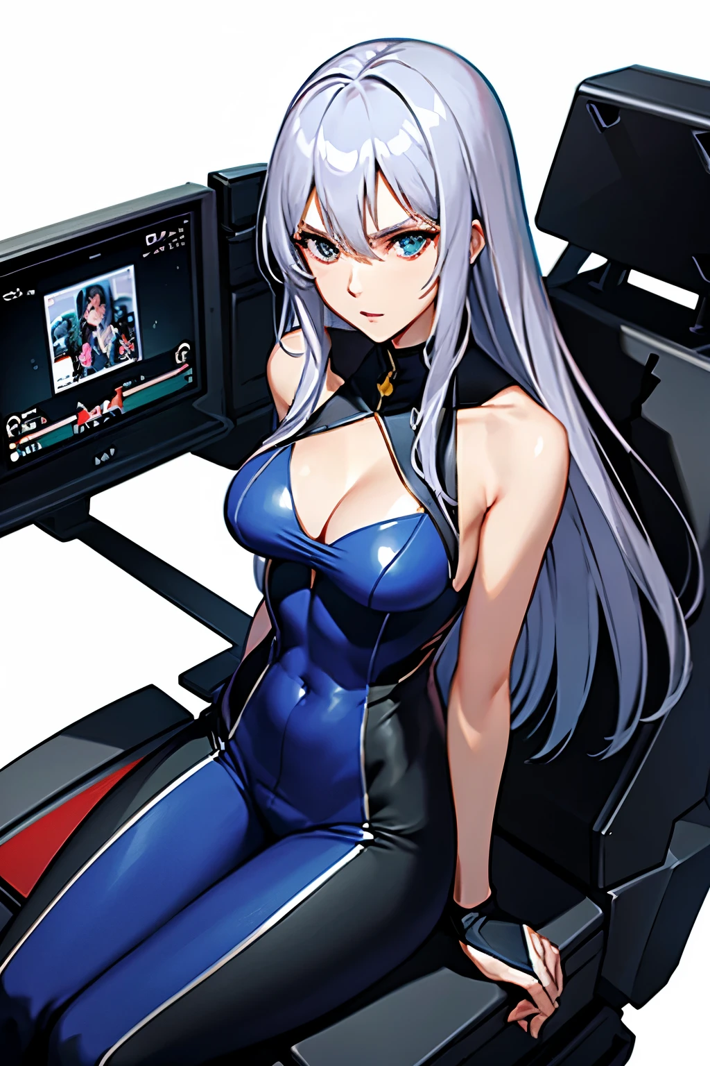 (((Highest quality、first class、masterpiece、Normal body、8k、Detailed face、Ultra-precision、normal hand、Normal refer to、5refer to、Highest)))、Eternal Frail、Silver Hair、Long Hair、slender、Small breasts、Lady、kind、clear、pure、A blue suit that reveals a cleavage、Navy blue shorts、"SDGundamGジェネレーション"、Gundam、Mobile Suit Cockpit、Sit in the cockpit、Seat belt across the chest、Grip the control stick、Surround monitor、All-day monitor、Staring at the monitor、universe空間、universe、Fast Combat、High-speed maneuver