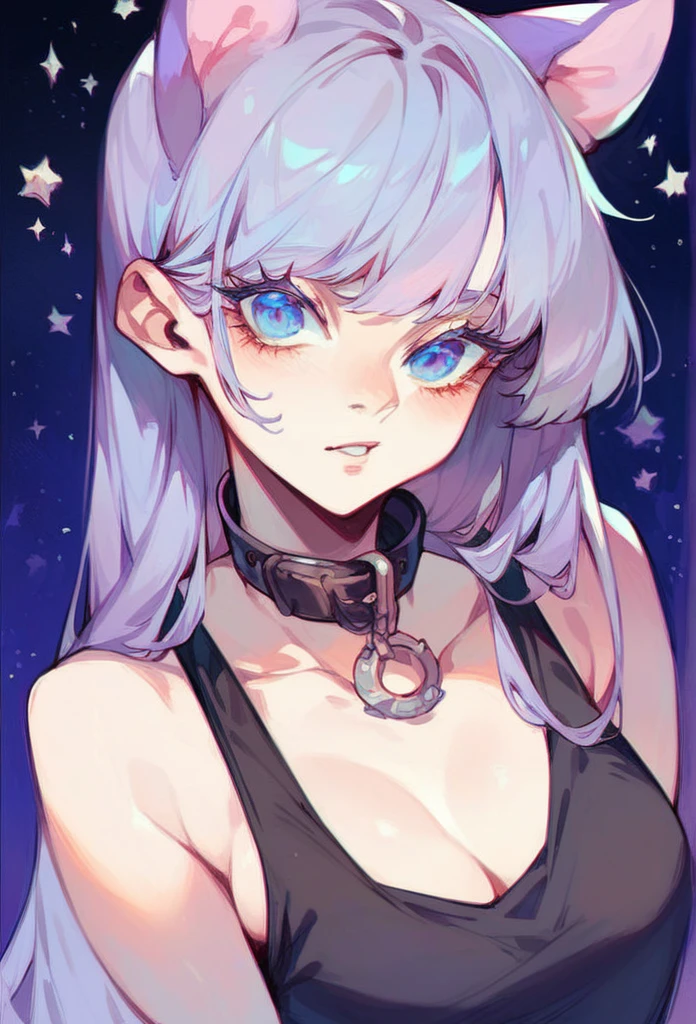 1girl, cat ears, long hair, bangs, light purple hair, gorgeous blue eyes, 1 purple cat tail, eyeliner, long lashes, collar, black low cut tank top, breasts, starry background, half body