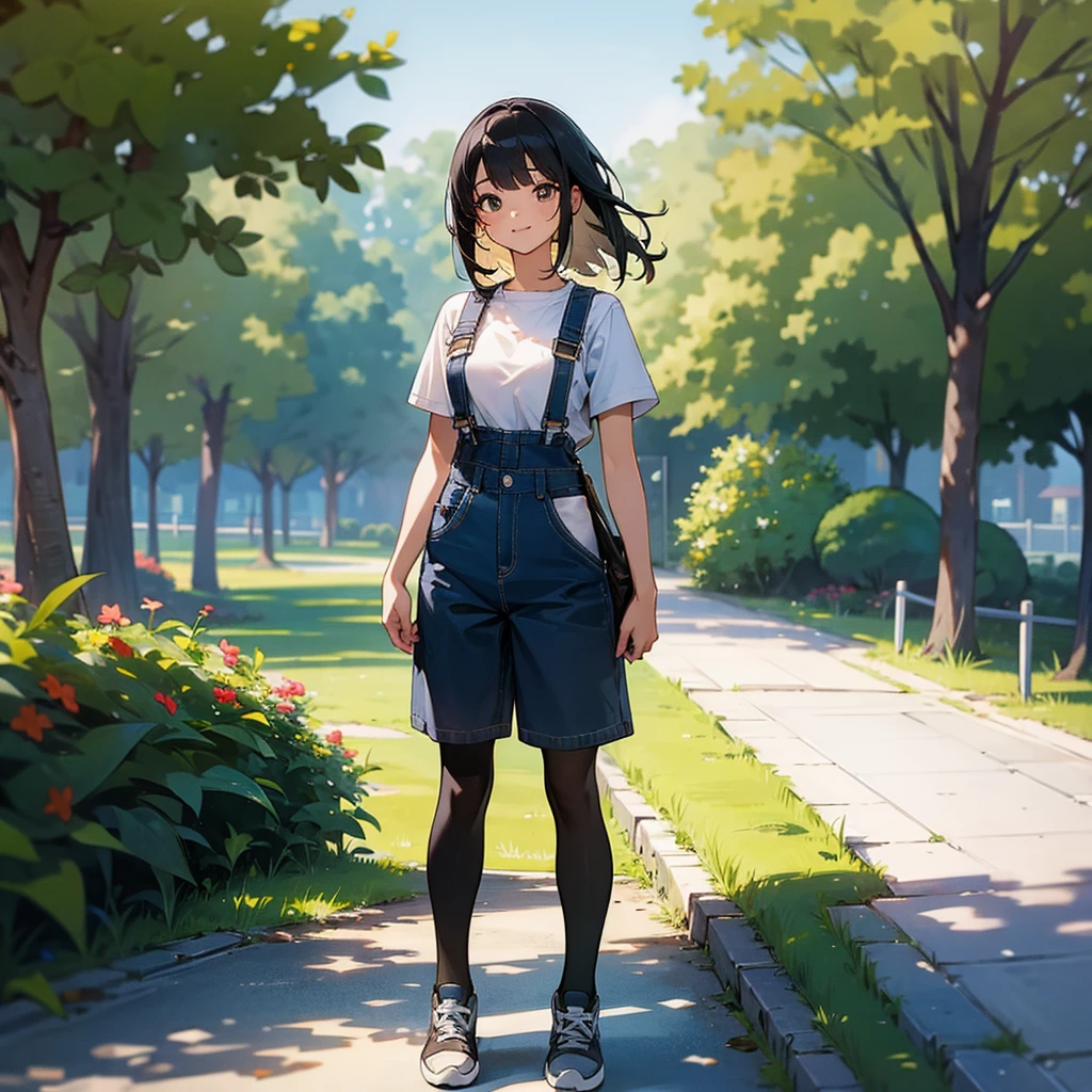 (high quality, High resolution, Very detailed, reality:1.37), Peaceful atmosphere, (Outdoor, garden), Teenage girl standing alone, (my breasts are big.), Beautiful details, Cute Smile, (Black bob hair), Short sleeve shirt, Overalls, Black tights, sneakers.